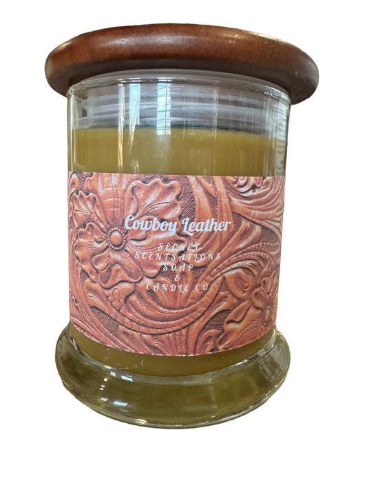 Cowboy Leather 8 oz candle with Eco friendly Bamboo Topper