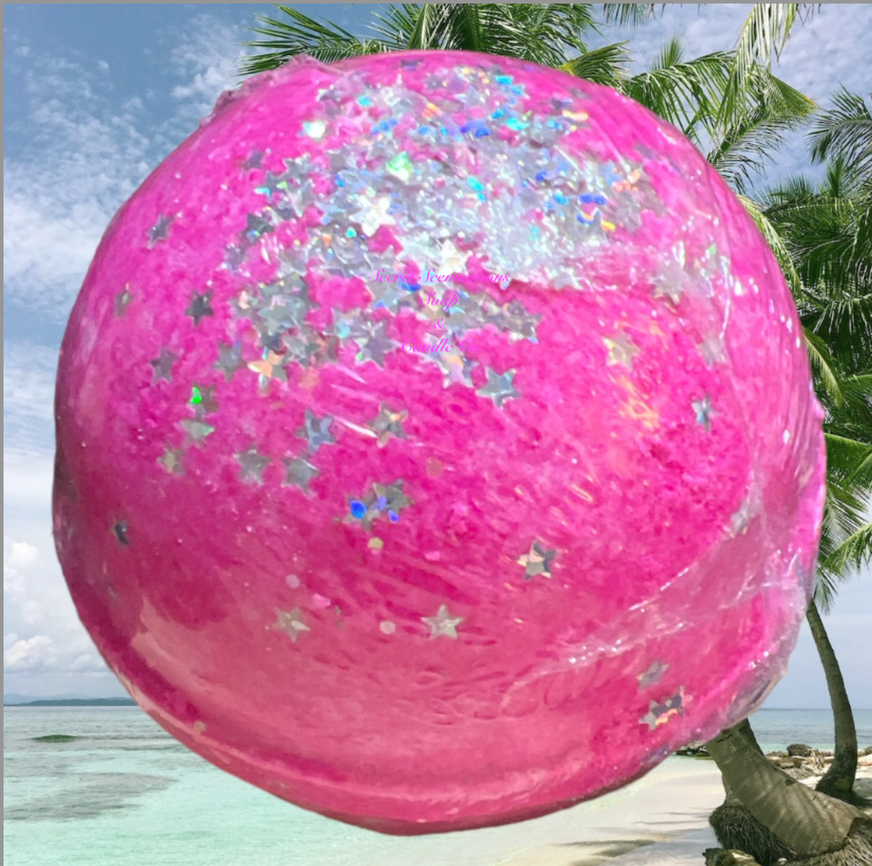 Pink with Biodegradable Stars Scented with Caribbean Escape. Mica natural color. Essential Castor Oil. Vitamin E Essential Oil and Shorea Butter. Essential Avocado Oil. Eatible star glitter on top. Large ball shape 7 inches round.. Bath Bombs